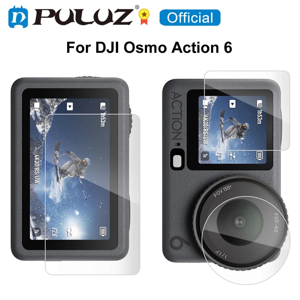 Obiettivo PULUZ + pellicola in vetro temperato per schermo anteriore e posteriore per DJI Osmo Action 6 Protezione per schermo Accessori per action camera sportiva