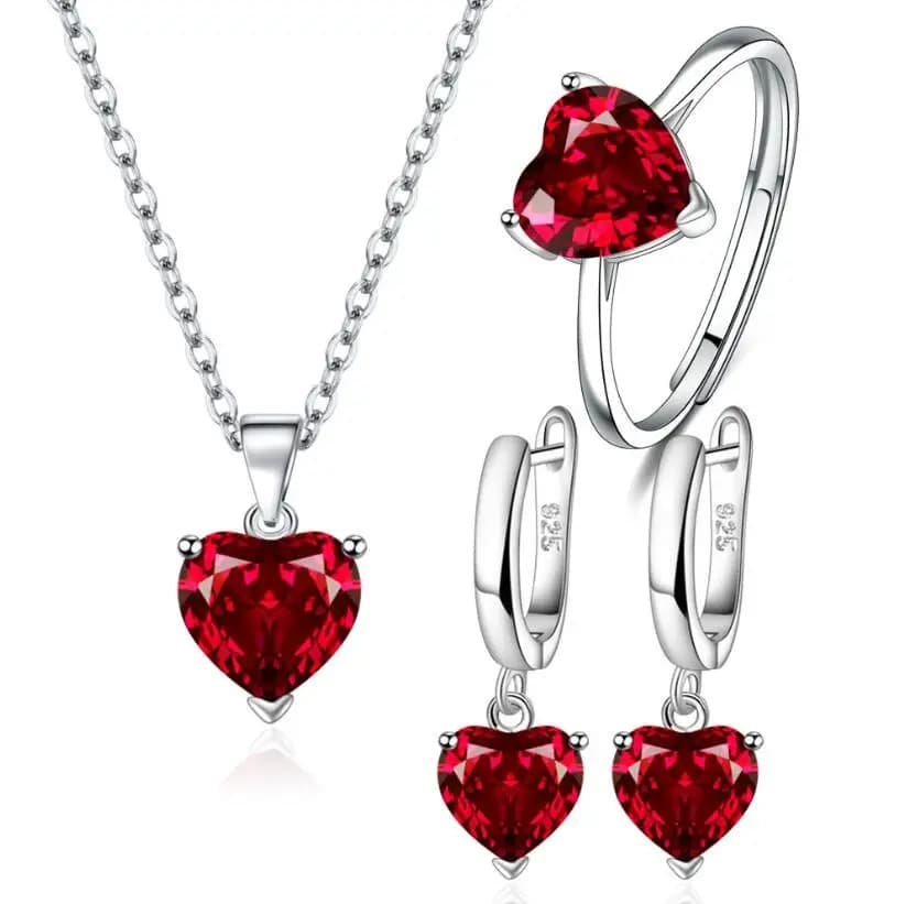 Heart Created Red Ruby Natural Garnet 925 Sterling Silver Jewelry Set Earring+Necklace+Ring for Women Gemstone Jewelry Bijoux