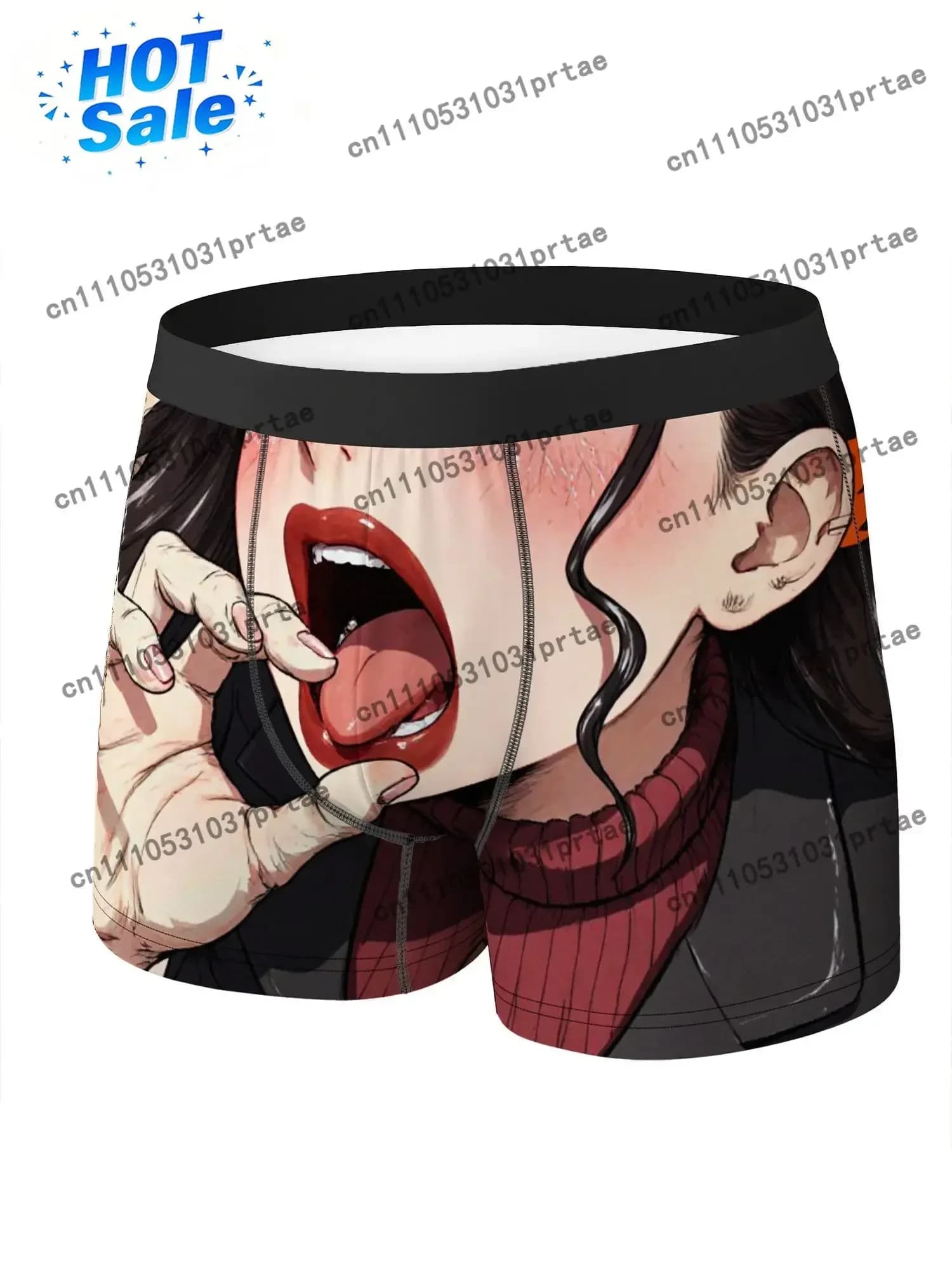 Men's Anime Manga Boxer Briefs Style Woman Face Hand Art Underwear with Red Cheeks & Pink Nails Checkered Turtleneck Colla bLACK