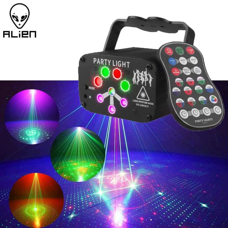 ALIEN RGB Mini DJ Disco Proiettore di luce laser USB ricaricabile LED UV Suono Stroboscopico Effetto scenico Matrimonio Natale Lampada per feste