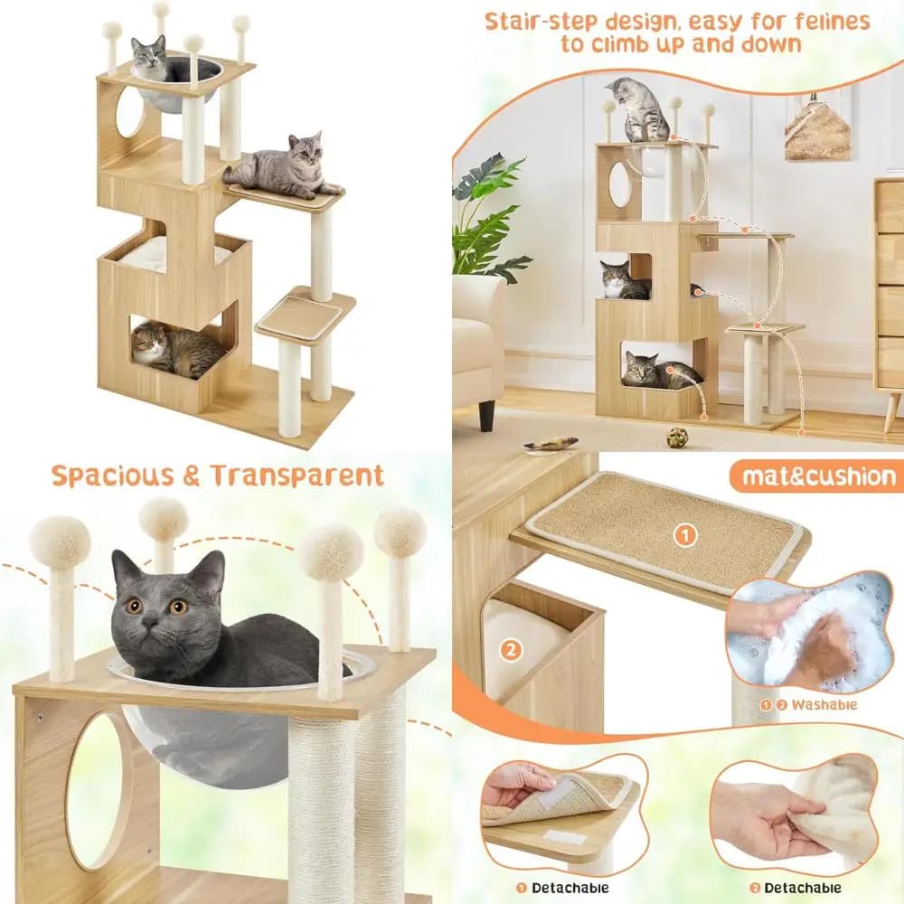 Torre moderna per gatti da interno da 53 pollici con tiragraffi, cuscino staccabile lavabile e ciotola trasparente per gatti