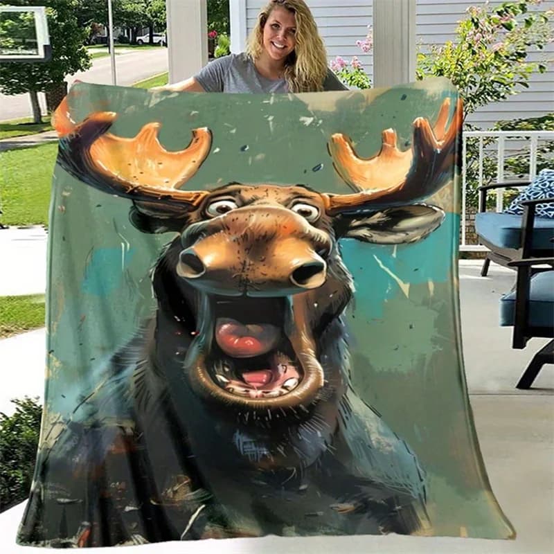 Novelty Funny Moose Flannel Blanket Screaming Crazy Elk Cartoon Animal Graffiti‑Style Pattern Soft Cozy Throw for Bedroom