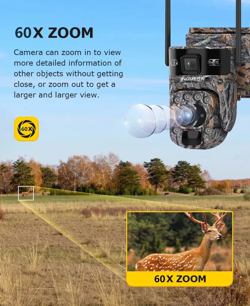 INQMEGA 6K 4G Telecamera di Sicurezza Solare con Zoom 60X, Telecamera da Caccia WiFi per Esterni, Rilevamento Automatico Umano PIR, App UBOX