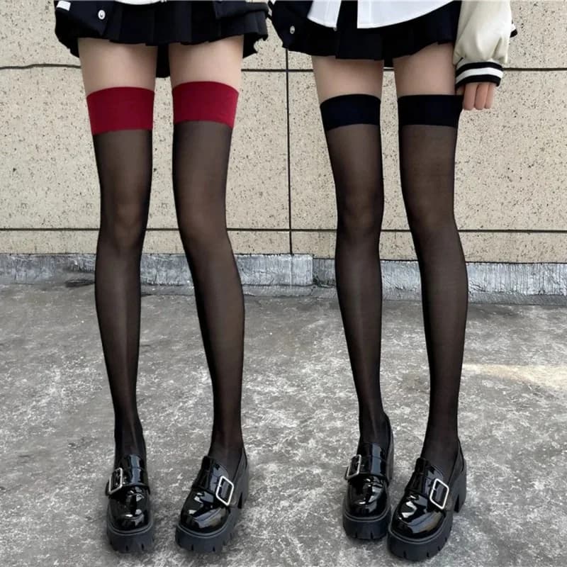 Sexy Thin Lace Stockings Women Soild Black Skin Thigh High Long Socks for Lady Girls JK Lolita Sweet Red Edge Knee Half Stocking