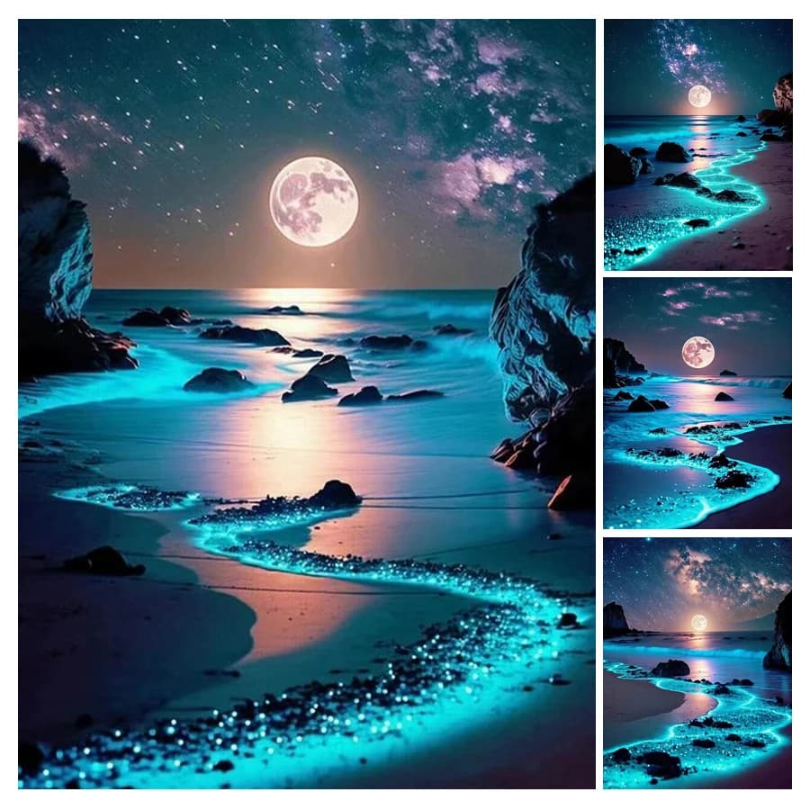 FULLCANG DIY 5D Painting Diamond Moonlight Sea Landscape Full Rhinestone Arts Mosaic Embroidery Night Landscape Wall Decoration FG2211