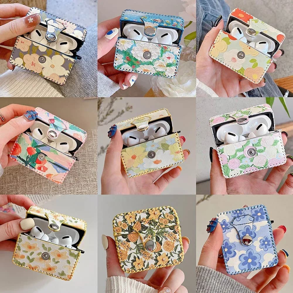 Flower Oil Painting Earphone Case For Apple Airpods 4 2 1 3 Air Pods Vintage Leather Cover For AirPod Pro Protection Box Shell