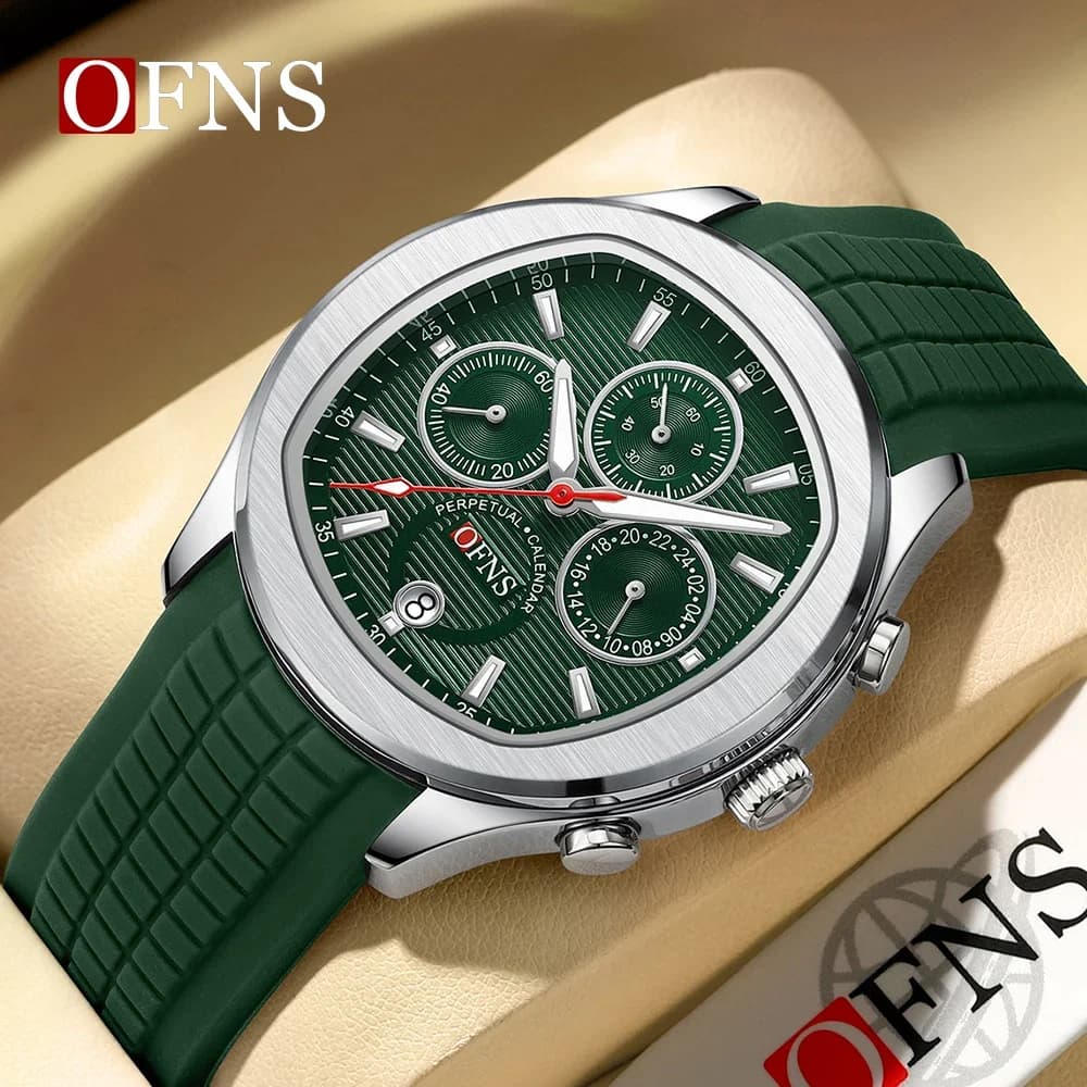 OFNS 8019 Orologio al quarzo da uomo Multifunzionale Tre occhi Sei pin Impermeabile Calendario luminoso Orologio al quarzo da uomo di moda