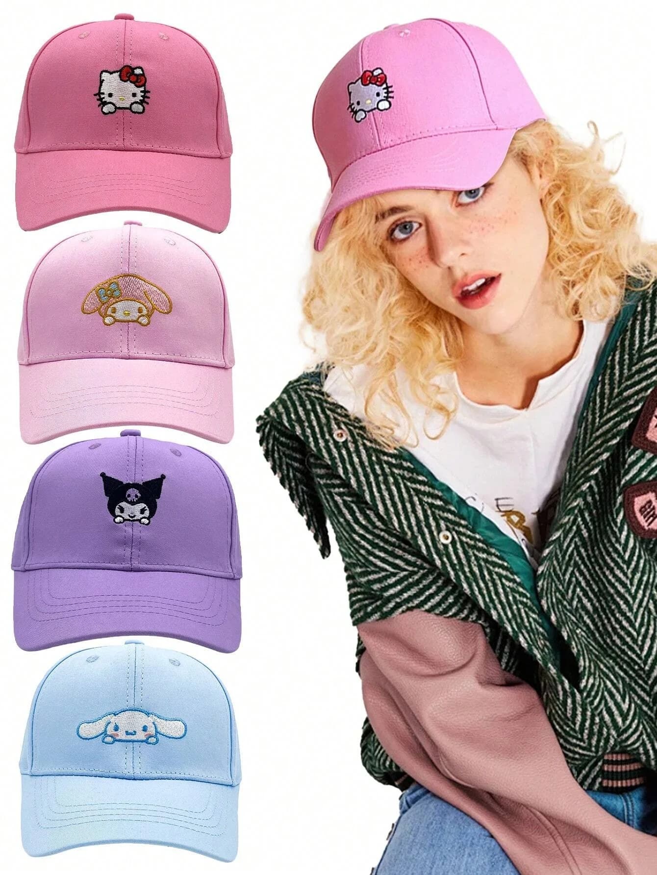 Cappellino da baseball regolabile Sanrio con ricamo HelloKitty, Kuromi, Melody e Cinnamoroll, protezione solare per tutte le stagioni.