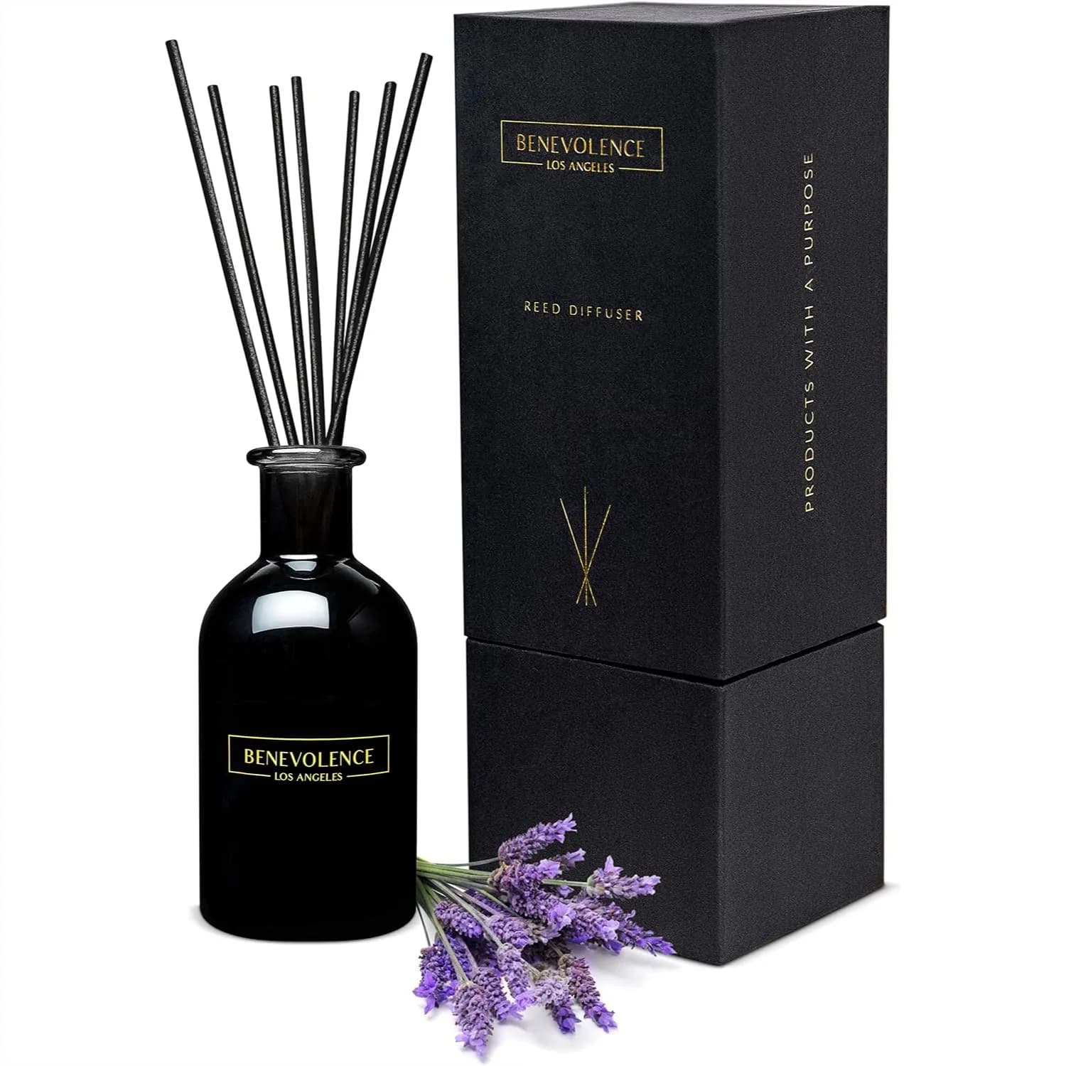 Lavender & Eucalyptus Reed Diffuser Set for Home - Up to 120-Day Fragrance with Rattan Sticks in Charcoal Glass Vase Gift Box