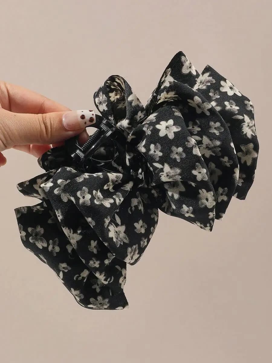 Fermaglio per capelli con fiocco in raso nero con stampa floreale per donna, accessorio per acconciature updo