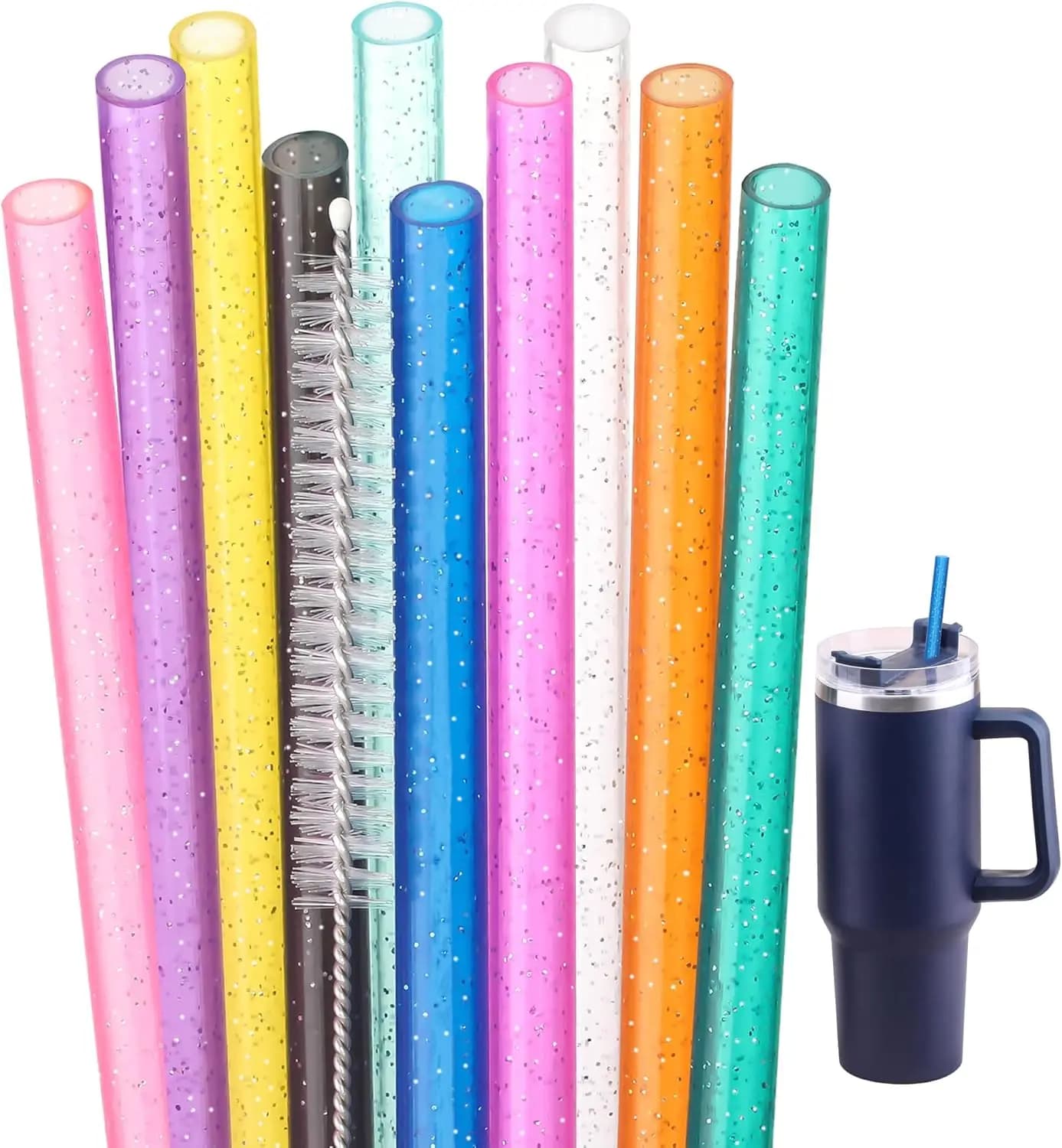 Cannucce glitterate di ricambio per bicchieri da 40oz e 30oz, confezione da 10, 13 pollici, riutilizzabili con spazzola per la pulizia, lavabili in lavastoviglie (mix 10 colori)