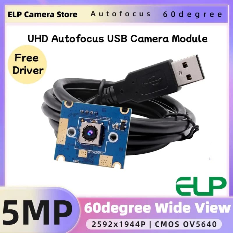 ELP mini USB camera module with automatic focus of 5 MP FOV60 degrees CMOS OV5640 Web camera with free UVC driver for PC, Windows, Linux, Raspberry Pi