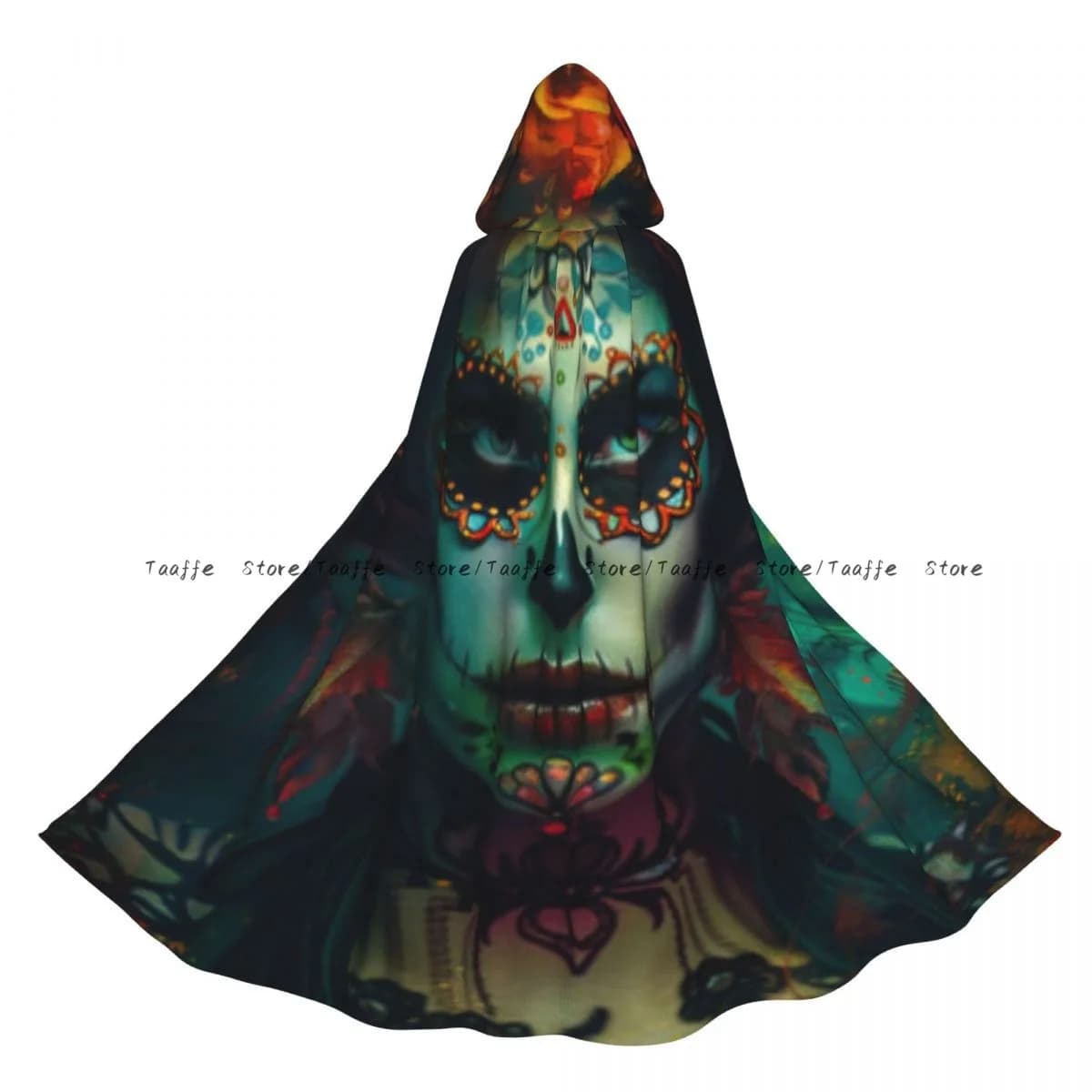 Medieval Halloween Cosplay Cloak Hooded Coat Sugar Skull Woman Floral Background Cape Coat Long Trench Costume Wizard Cloak