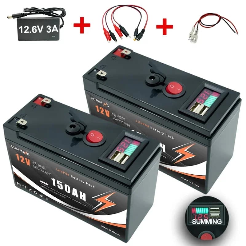 Batteria ricaricabile al litio LiFePO4 da 12 V 150 Ah a ciclo profondo per energia solare, UPS, scooter, ruote elettriche, fishfinder, barca, camper