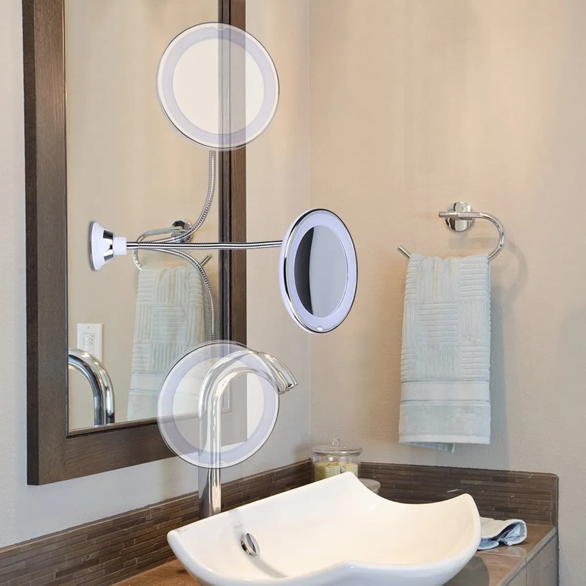 Specchio Ingranditore 10X Rotondo Portatile con Base a Ventosa per Bagno, Toeletta e Viaggio, Senza LED