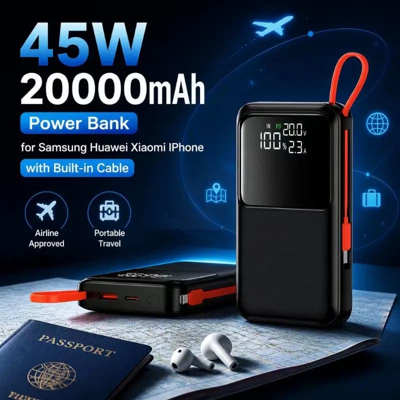 45W 20000mAh Power Bank for Samsung Huawei Xiaomi IPhone with Built-in Cable Powerbank China 3C Certified