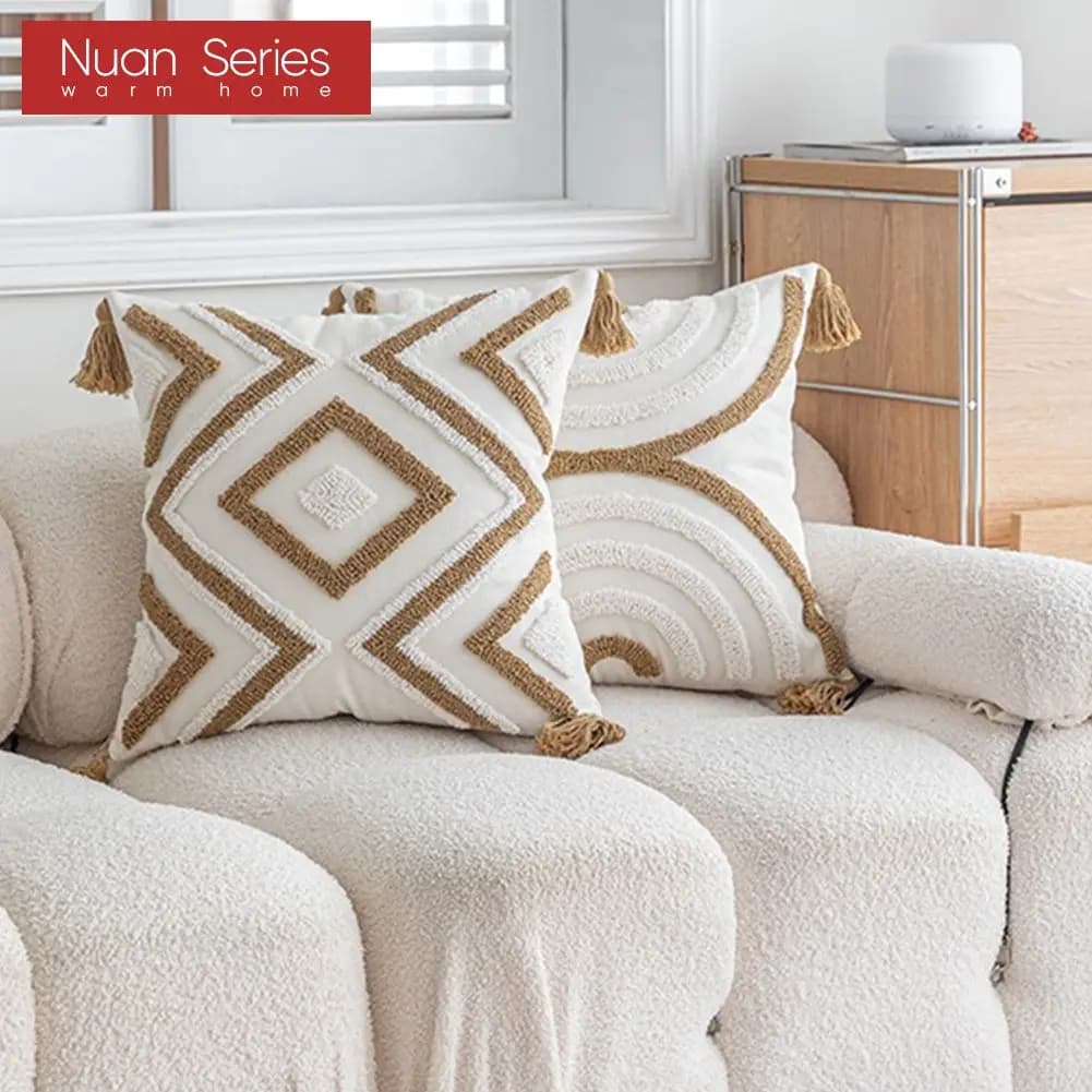 1PC Boho geometrica strutturata fodera per cuscino lombare nappe beige federa lavorata a maglia per divano camera da letto fattoria decorazioni per la casa