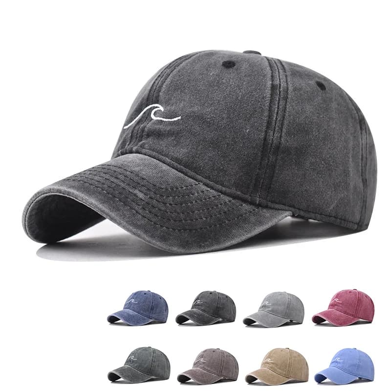 2026Washed Cotton Wave Embroidered Baseball Cap Unisex Adjustable Dad Hat Casual Retro Style Cap for Men Women Daily Street Wear