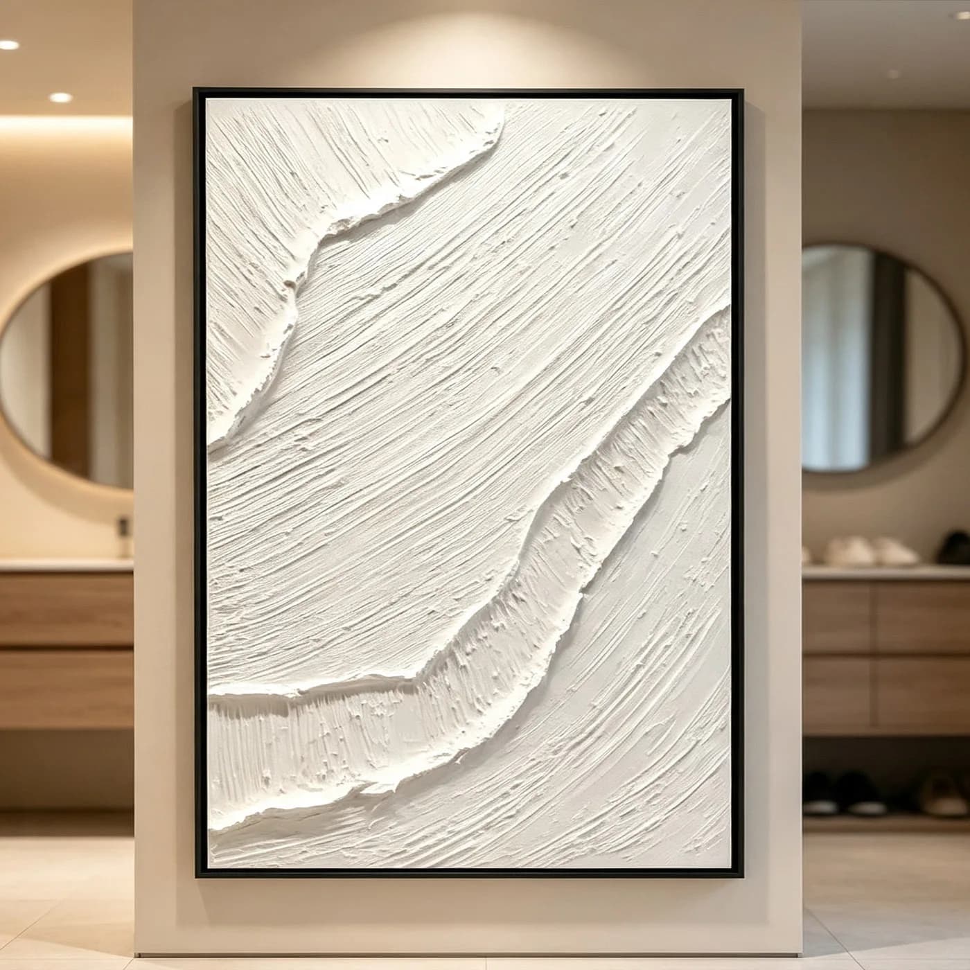 Hand-Painted White 3D Thick Texture Abstract Oil Painting Minimalist Wave-Shaped Canvas Wall Art Narrow-Framed Home Decor