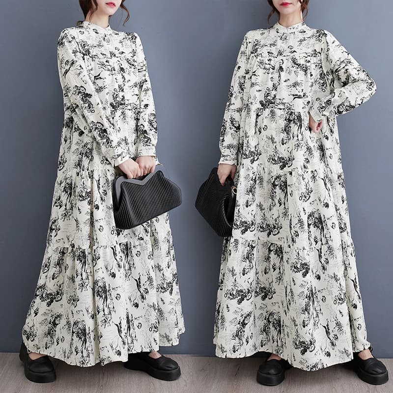 Abito Lungo Casual con Stampa Artistica Stile Coreano Nuova Collezione Primavera Vestito alla Moda da Donna Gonna a Linea A Manica Lunga