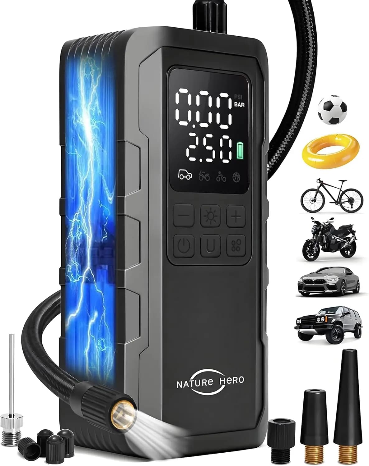 Compressore d'aria portatile senza fili - Gonfiatore per pneumatici da 150 PSI con manometro e luci a LED per auto, bici, palline