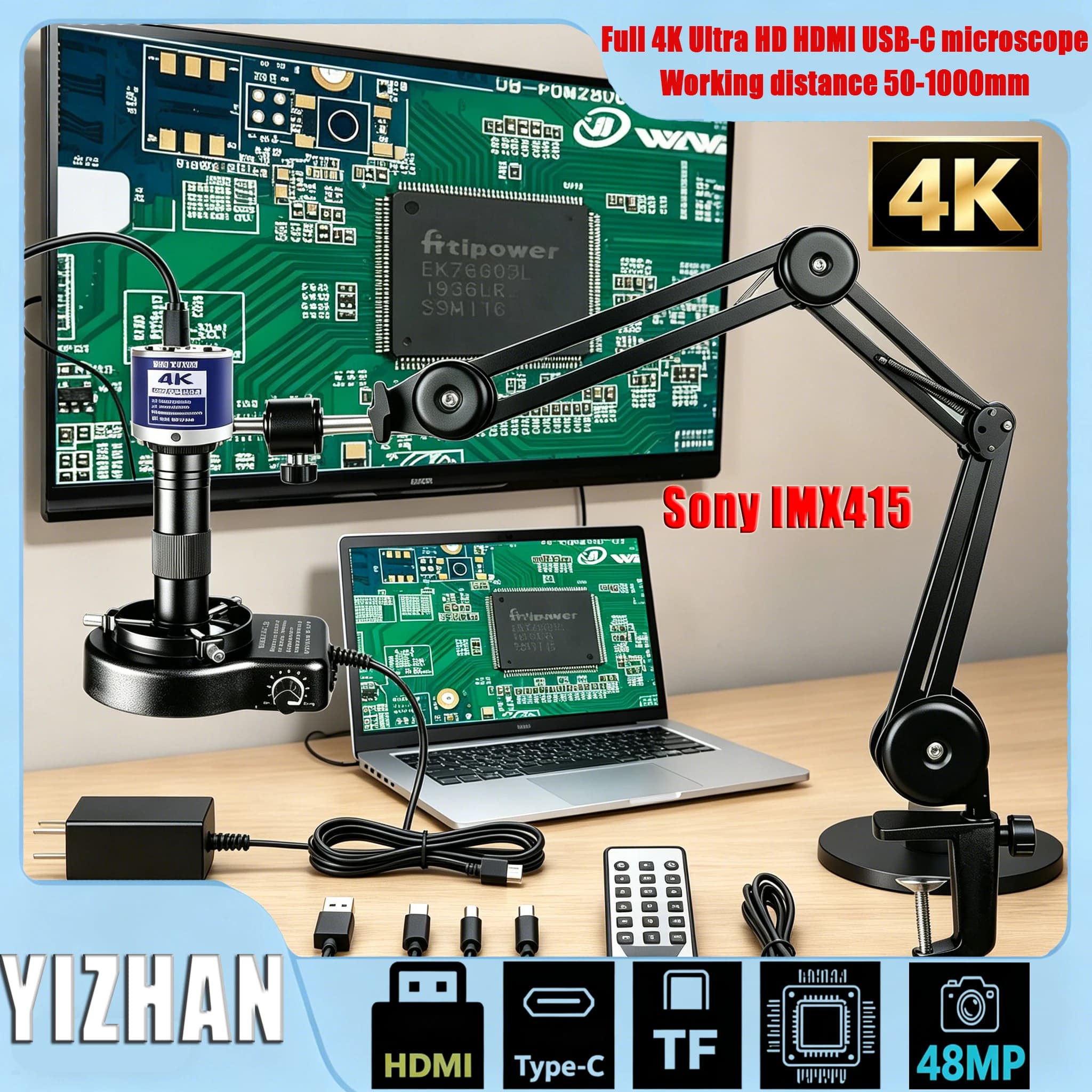 Microscopio Industriale YIZHAN 48MP 4K TYPE-C con Video 1080p e Funzione Foto, HDMI per PC, Ispezione Metalli, Educazione Bambini