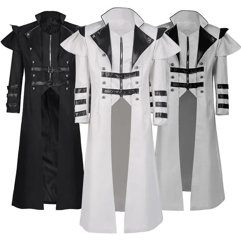 Cappotto Lungo Gotico Steampunk da Uomo, Giacca in Stile Vittoriano Medievale, Outfit per Cosplay di Halloween Nero/Bianco/Grigio