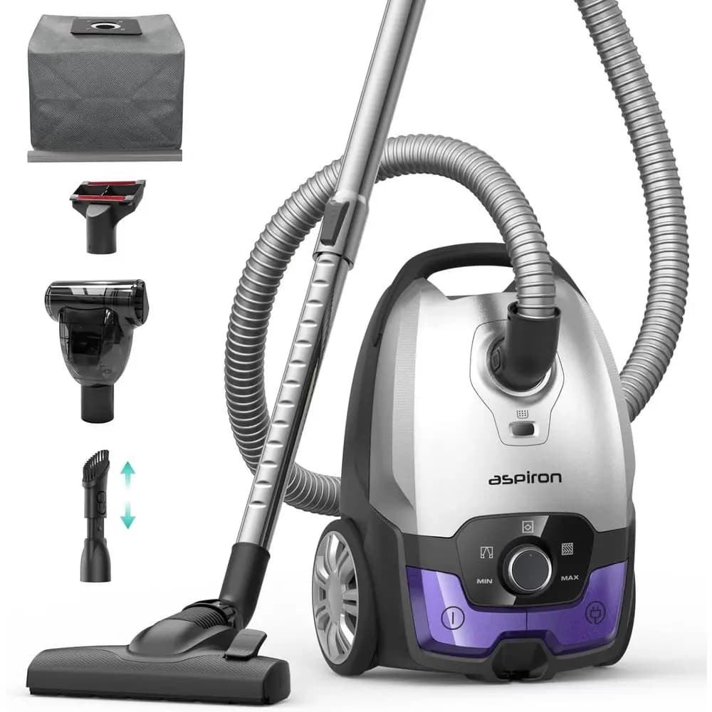 Aspirapolvere con sacco da 1700W 45KPA, capacità 5L, avvolgimento automatico del cavo, filtro HEPA, silenzioso, raggio d'azione 8M, potenza variabile, facile da spostare