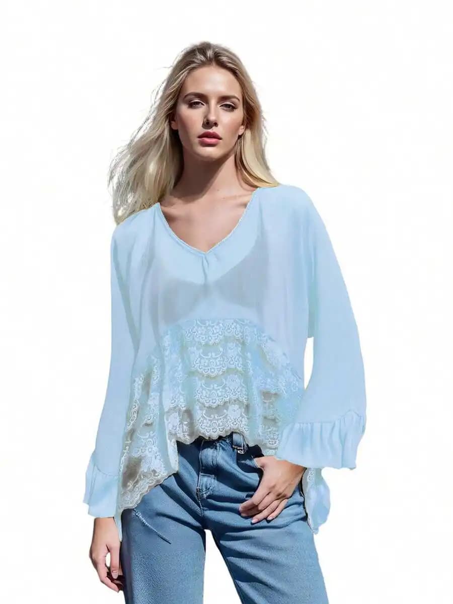 Poncho Trasparente da Donna, Top a Tinta Unita con Maniche a Pipistrello, Scollo a V Ampio, Blusa Fluida in Pizzo Estiva