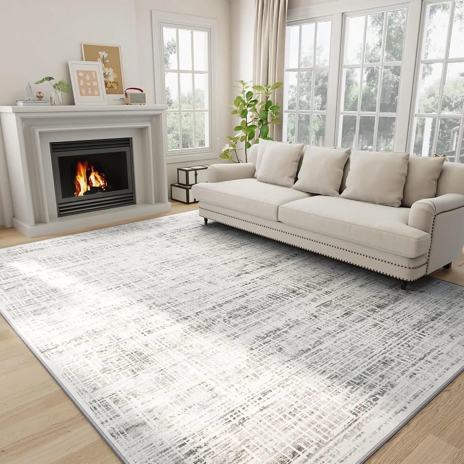 8x10 Washable Area Rug: Non-Slip Abstract Design for Living Room, Bedroom, Soft Thin Carpet, Machine Washable, Non-Shedding, Home Office (White Gray, 8'x10')