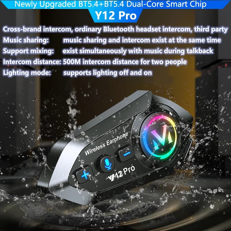 Y12 Pro Dual Microphone Motorcycle Helmet Intercom Headset Hands-Free Calling Waterproof Music Player Speaker Fm Radio Headset
