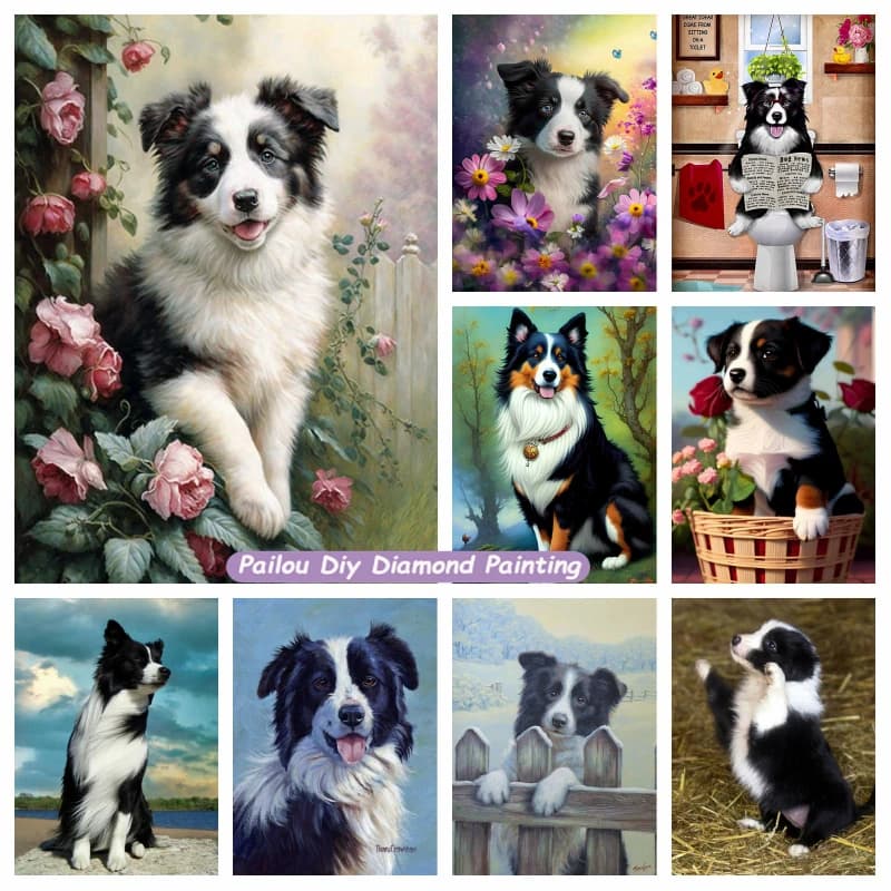 5d Pet Dog Border Collie Toilet Diamond Art Painting Simpatico cucciolo di animale con fiori Punto croce di cristallo Mosaico Arredamento camera da letto