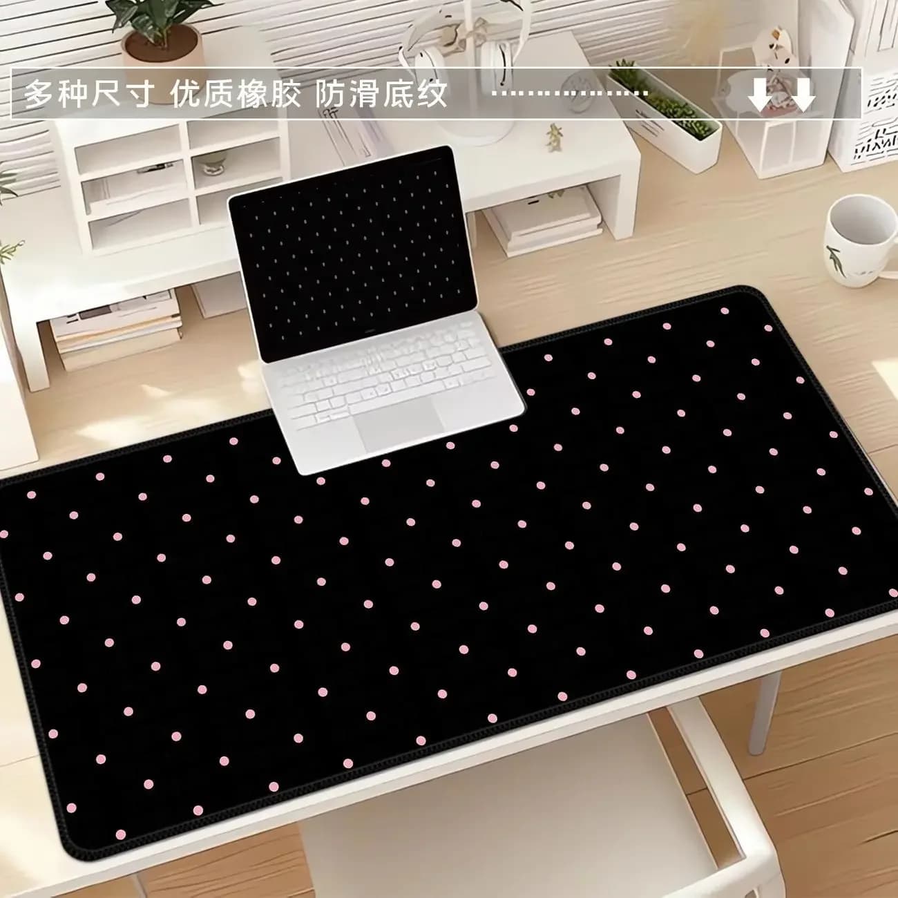 Tappetino per Mouse XXL in Pelle con Semplici Pois Rosa, Impermeabile, per E-sports, Tastiera, Ufficio e Decorazione Scrivania