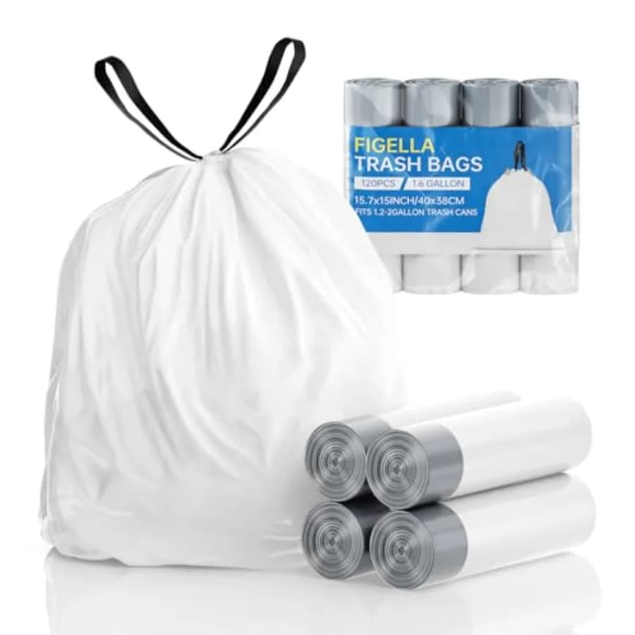 1.6 Gallon 6 Liter Mini Trash Bags 120 Count, Drawstring White Unscented, Fit 1.2-2 Gallon Waste Basket Liners for Home Bathroo