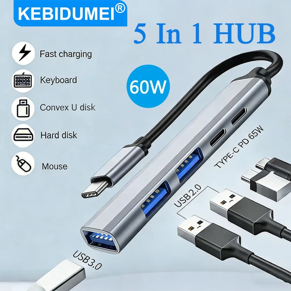 Hub USB 5 in 1 ultra sottile di tipo C Docking station PD da 100 W Splitter USB 2.0 3.0 per MacBook Pro Mac Mini Mac Phone