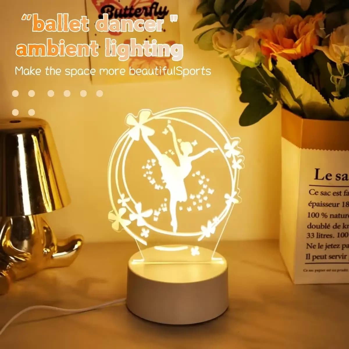 1 lampada da notte creativa 3D a forma di ballerina - Decorazione per la casa alimentata tramite USB, soggiorno e camera da letto, ideale per compleanni o festività