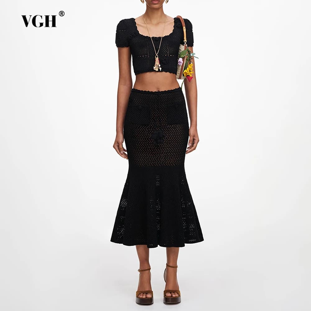 VGH Black 3D Floral Hollow Knit Two Piece Set for Women Square Collar Short Sleeve Crop Top Mermaid Mid Skirt for Beach Vacation