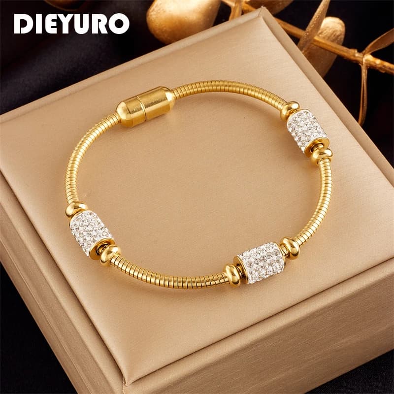 DIEYURO 316L acciaio inossidabile Color oro Zirconia braccialetto di perline per le donne moda ragazze chiusura magnetica catena serpente gioielli regali