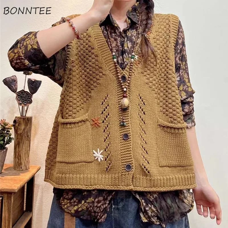 Gilet maglione vintage donna elegante lavoro a maglia sciolto autunno scava fuori ricamo tutto-fiammifero moda nuovo stile inglese senza maniche
