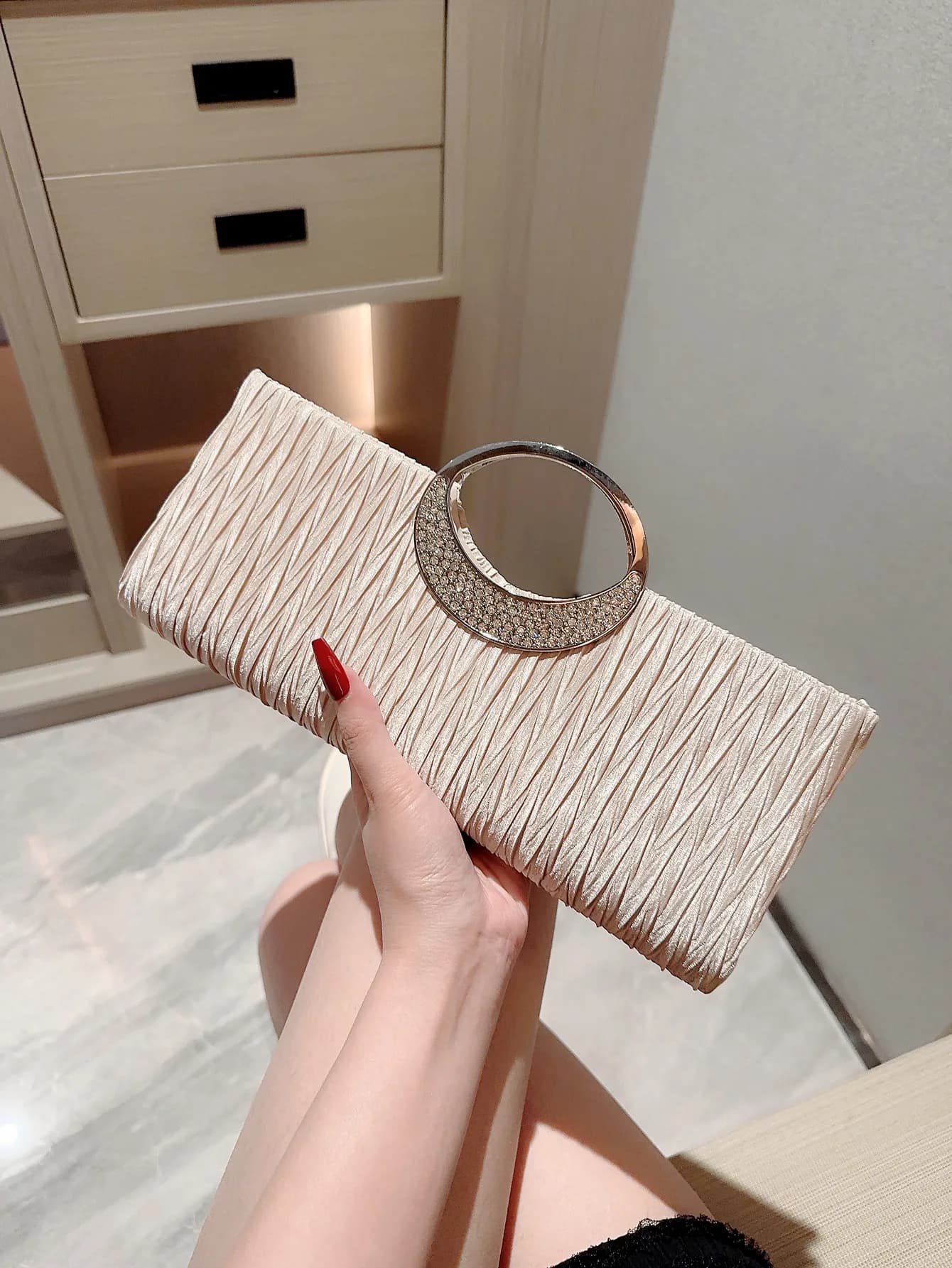 Women's evening bag with metal bracelet with classic design pleated, party bag, evening bag embellished with rhinestones, wedding bag