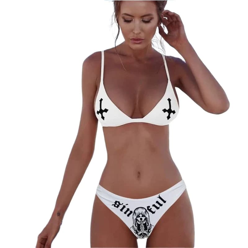 Trendy Cross Skull Print Bikini Set White Split Swimsuit for Women