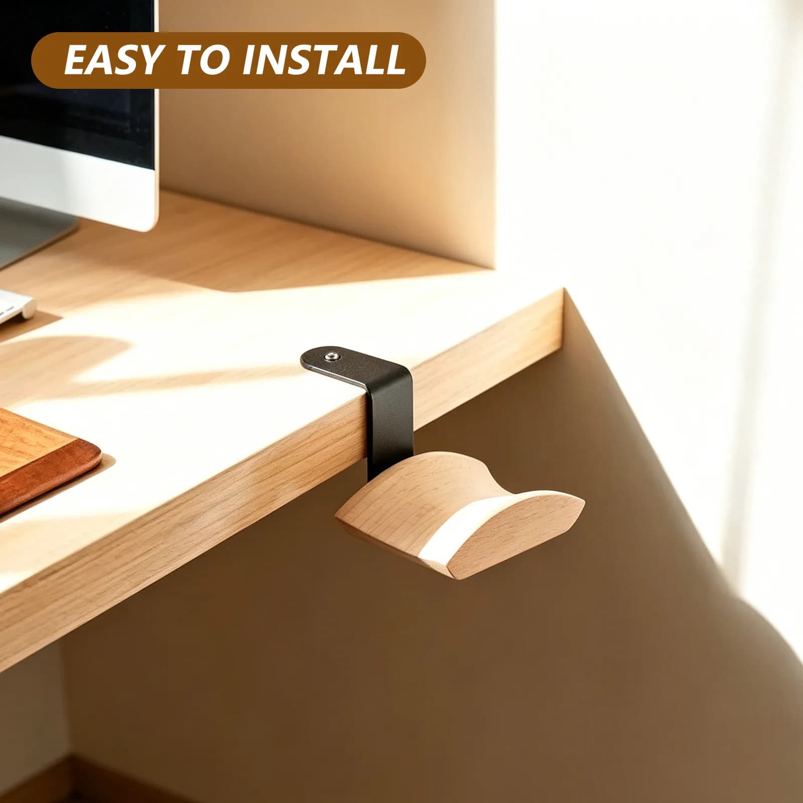 Headphone Wall Mount Holder 2.3 Wide Walnut Wood Headset Hook Holder Space Saver Wall Hanging Gaming Headphone Hook Office Home
