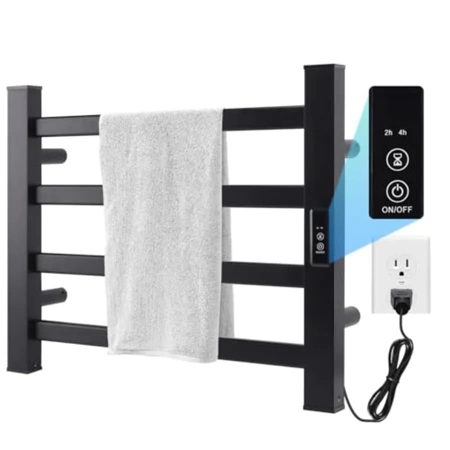 Scaldasalviette elettrico da parete per bagno con 4 barre nere opache per asciugatura e riscaldamento delle asciugamani, design plug-in, acciaio inossidabile