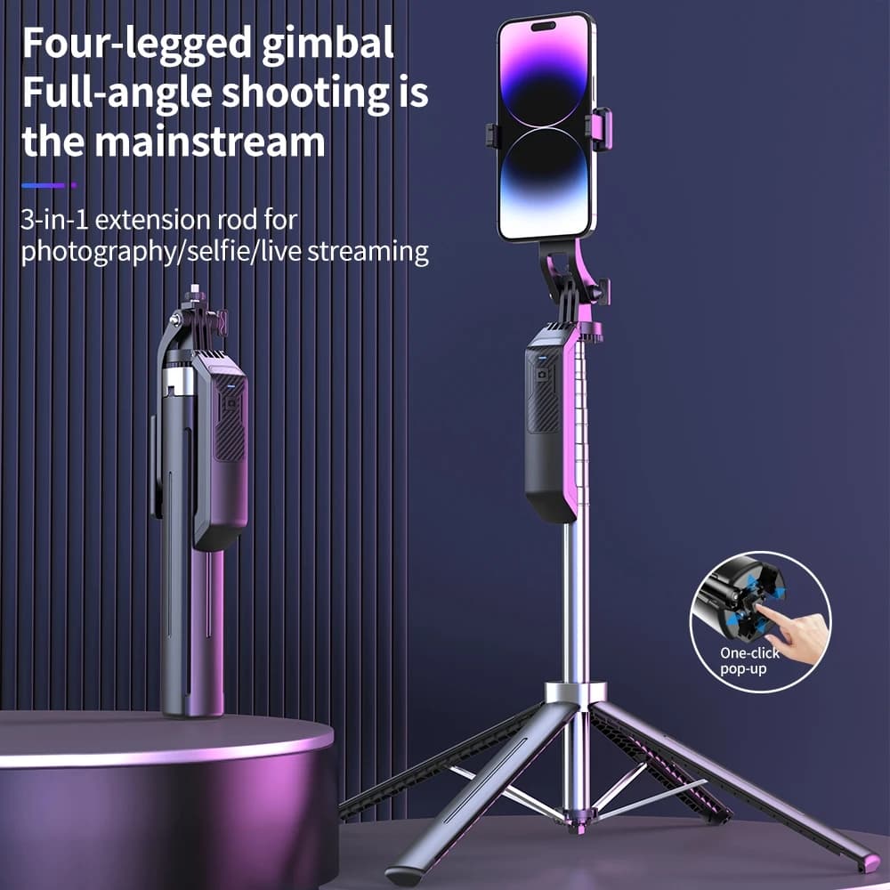 Treppiede per selfie stick a quattro angoli da 1800 mm 360 ° Treppiede con rotazione regolabile con luce di riempimento remota Bluetooth per vlogging