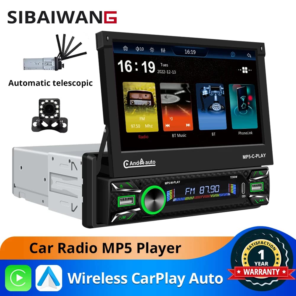 Autoradio 1Din con schermo HD telescopico elettrico da 7 pollici, CarPlay wireless, Android Auto, FM, AM, RDS, DSP, Wi-Fi, Bluetooth, USB, lettore MP5