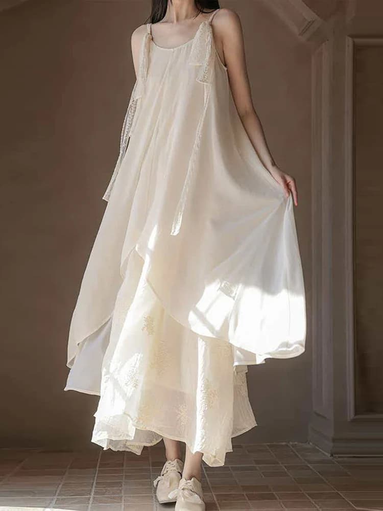 Abito Estivo Bianco in Pizzo con Spalline da Donna, Vestito Lungo Svolazzante Irregolare Stile Fata, Dolce Abito in Cotone Traspirante Stile Giapponese