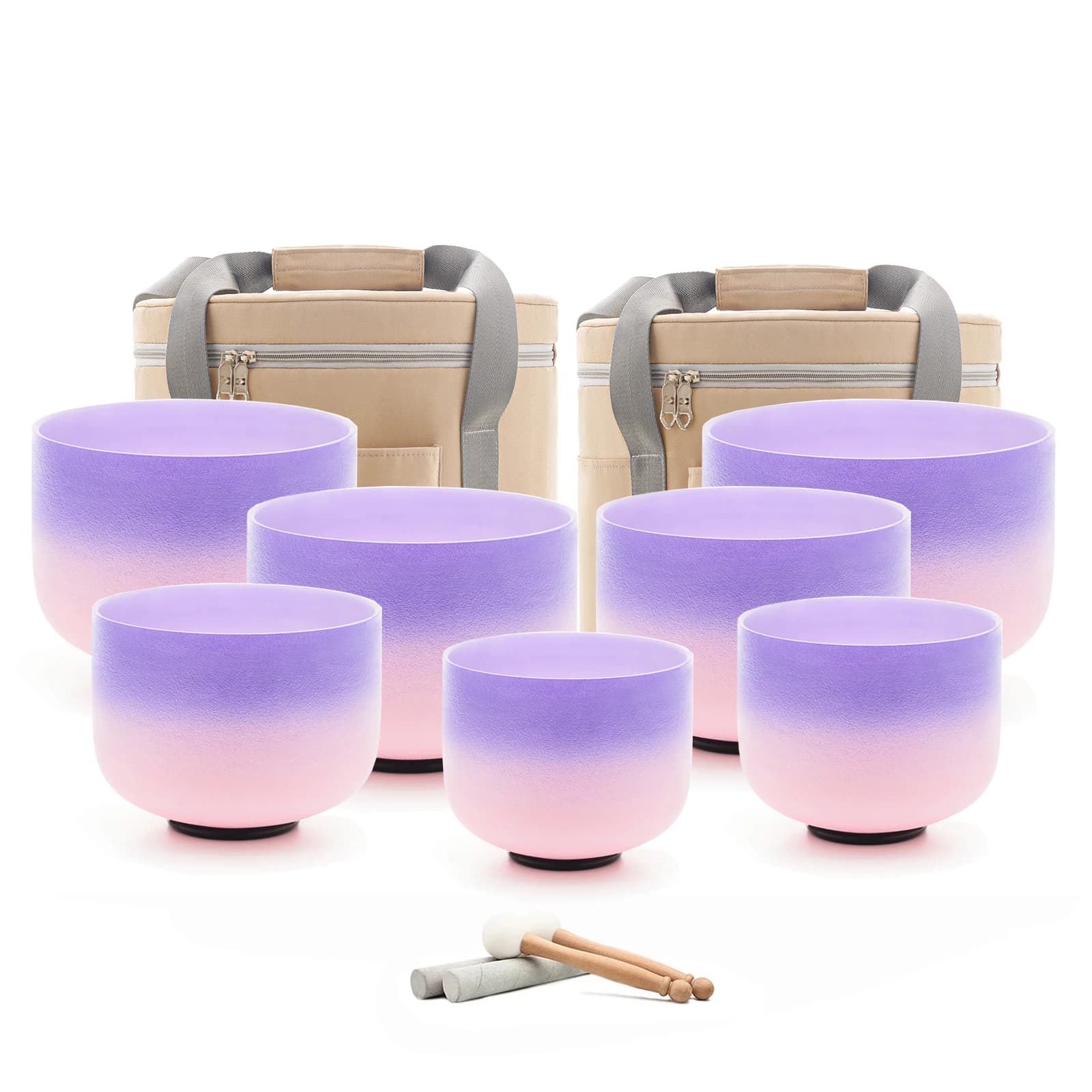 Hye-eun 8-14 inch Perfect Pitch 7pcs Gradient Purple Chakra Ball Large Frosted Quartz Crystal Singing Bowl Set with Carry Bags