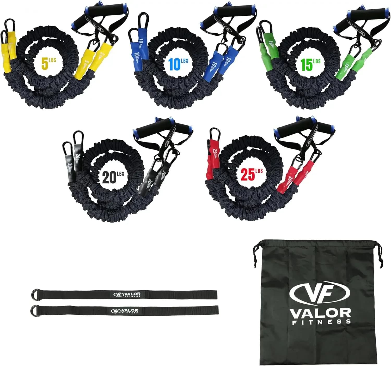 Resistance Bands - 5lb to 25lbs - Carabiners Attached & 2 Bands per Weight Option with Handles- Sheath Covered - Strength