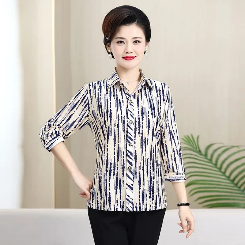 New Lady Casual Fashion camicia con bottoni stampati a righe estate nuovo Cardigan allentato a mezza manica con scollo a Polo top abbigliamento donna