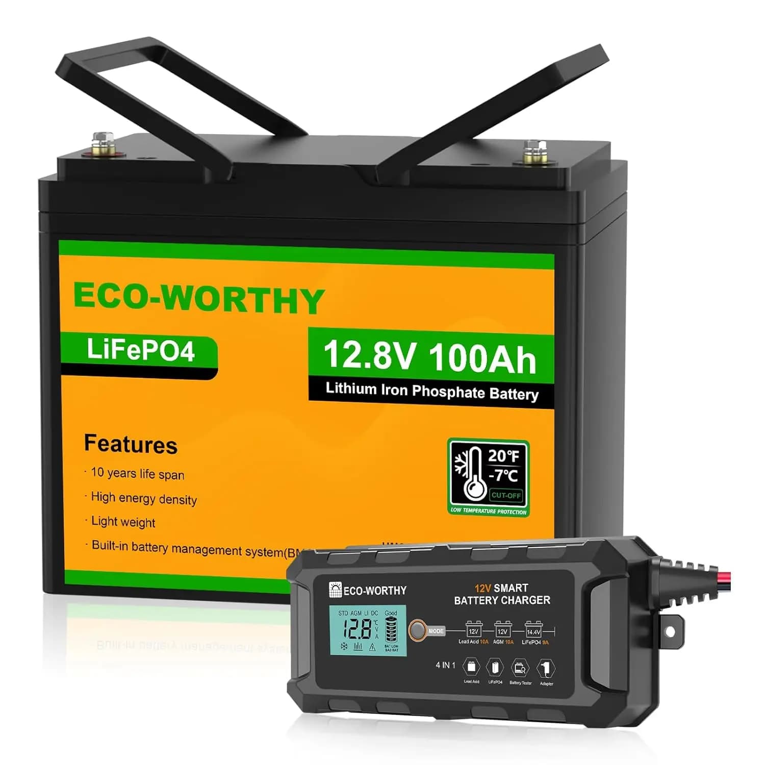 Battery LiFePO4 12V 100Ah with Intelligent Charger 10A, Integrated BMS, 4000+ Deep Cycles, for Camper, Nautical, Customizable